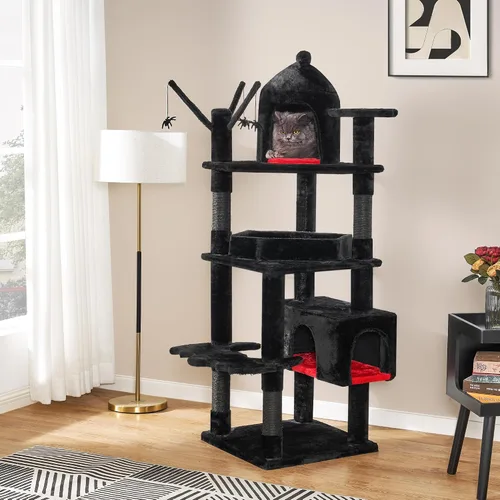 Miniatura 8 de BEWISHOME Árbol para gatos resistente, 63 pulgadas, árboles para gatos grandes, torre gótica para gatos con cama de ataúd, casas para gatos