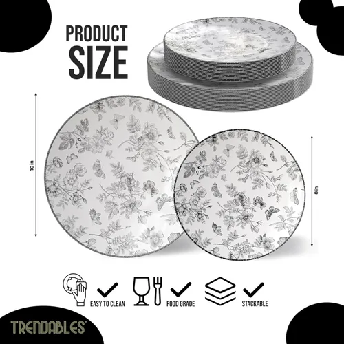 Miniatura 2 de Trendables Platos Desechables para Suministros de Fiesta Platos de Plástico Florales Negros para Boda 40 Piezas - 20 de 8" y 20 de 10"