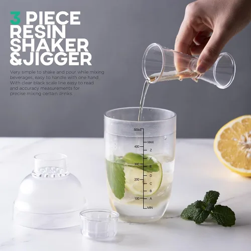 Miniatura 4 de Homestia Juego de coctelera de plástico transparente, mezclador de bebidas de 17 onzas con colador integrado, doble jigger, libro de recetas, kit