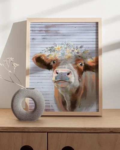Miniatura 4 de HAUS AND HUES Arte de pared de vaca rústica, estampado de animales de granja con flores (sin marco, 12 x 16)