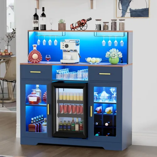 Miniatura 10 de Mini gabinete de nevera con almacenamiento, gabinetes de bar de vinos para el hogar con luz LED y toma de corriente, gabinete de barra de café