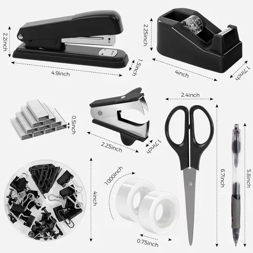 Miniatura 7 de SKYDUE Juego de suministros de oficina negros, accesorios de escritorio negros, grapadora, dispensador de cinta, tijeras, carpeta/clips de papel