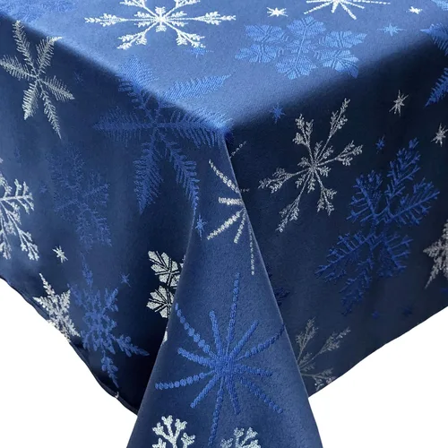 Miniatura 5 de Camino de mesa tejido jacquard metálico con copos de nieve azul navideño (corredor de 14" x 72")