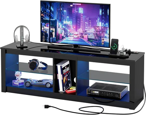 Miniatura 5 de Bestier Soporte de TV LED para TV de 55/60/65 pulgadas, centro de entretenimiento negro de alto brillo con toma de corriente y estantes ajustables