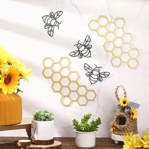 Miniatura 3 de Peryiter 5 Piezas Arte de Pared de Abeja de Metal Granja Abeja Miel Nido de Abejas Decoración de Pared de Alambre de Metal Decoración de Pared