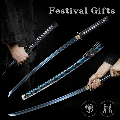 Miniatura 6 de OYZ Espada katana azul japonesa auténtica, espada completa, práctica, funcional, acero de alto carbono 1060, Hademade templada por calor, forjada a