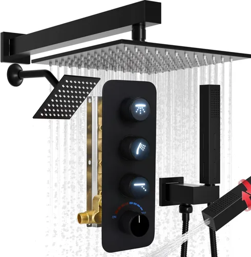 Miniatura 24 de Enga Sistema de cabezal de ducha doble, cabezal de ducha LED de lluvia de 14 x 20 pulgadas con cabezal de pared de 6 pulgadas, juego de grifo de Oro