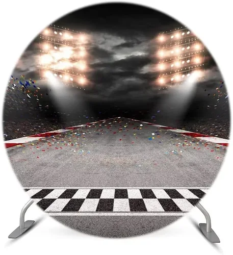 Cubierta de fondo redonda de carrera de 6.5 x 6.5 pies para niños, suministros de fiesta de cumpleaños de carreras, deportes, fotografía, mantel
