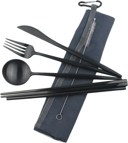 Utensilios de viaje reutilizables, 7 piezas portátiles de acero inoxidable 304, incluyendo cuchillo, tenedor, cuchara, palillos, cepillo de