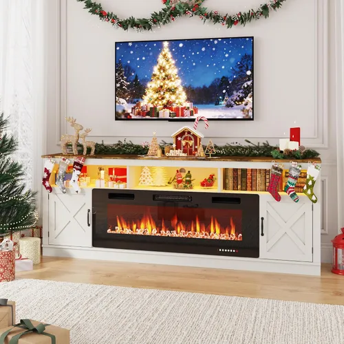 Miniatura 11 de jiteentarou Soporte de TV con chimenea de granja para TV de 70/75/80 pulgadas, centro de entretenimiento de 32 pulgadas de alto con chimenea Blanco