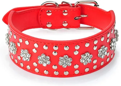 Collares de perro con diamantes de imitación, diseño de flores, de piel sintética con tachuelas y diamantes de cristal brillantes, deslumbrante, Rojo