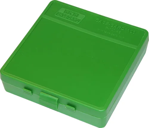 MTM Caja para 100 municiones de punta redonda, calibre 40, 45, o 3/8 pulgadas, con tapa. Verde