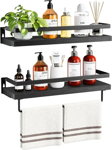 AMADA HOMEFURNISHING AMFS01B - Estantes de baño con toallero, estantes flotantes, estantes de pared para baño/sala de estar/cocina/dormitorio, color