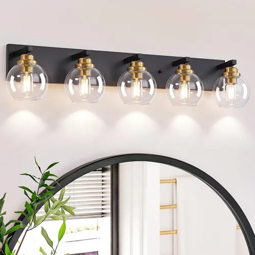 Miniatura 14 de LmnLvn Lámparas de baño, 3 luces de tocador de color negro mate, modernas lámparas de baño sobre espejo, luces de tocador de granja con pantalla