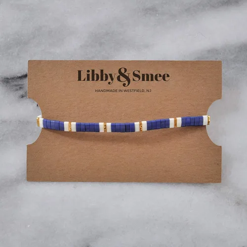 Miniatura 2 de Navy Blue 7 inch Tile Beaded Stretch Bracelet with Nautical Gold Tila Beads