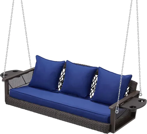 Miniatura 12 de HOMREST Columpio de mimbre para porche para 3 personas con portavasos mejorado, silla colgante de 56 pulgadas con cojines, columpio al aire libre