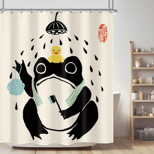 Miniatura 31 de Juego Divertido de Cortina de Rana Retro para Ducha, Juego de Baño 48x71 Pulgadas, Estilo Asiático Lindo, Arte Japonés Tradicional de Pato de Goma