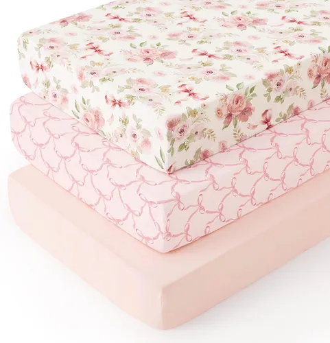 Miniatura 43 de PHF 3 paquetes de sábanas de cuna suaves, sábanas bajeras florales rosa transpirables y cómodas para niñas, ajuste universal sin deslizamiento