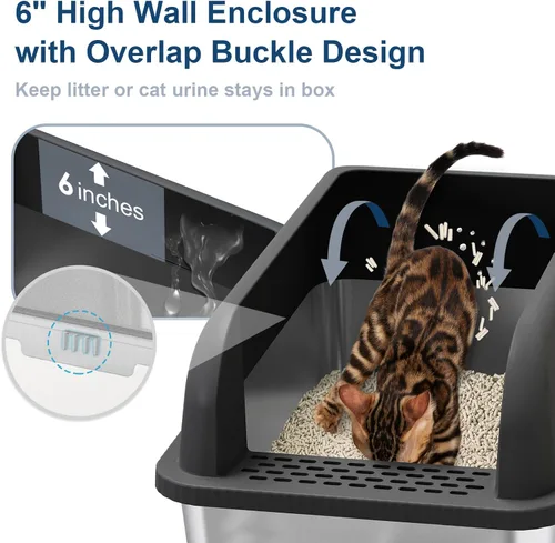 Miniatura 2 de Caja de arena de acero inoxidable para gatos con tapa cerrada, caja de arena extra grande para gatos grandes, bandeja de arena de metal XL