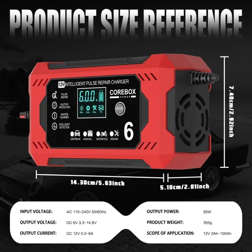 Miniatura 7 de Corebox Cargador de Batería 6-Amperios 12V Cargador Inteligente Automático de Goteo, Mantenedor de Batería Desulfator con Compensación
