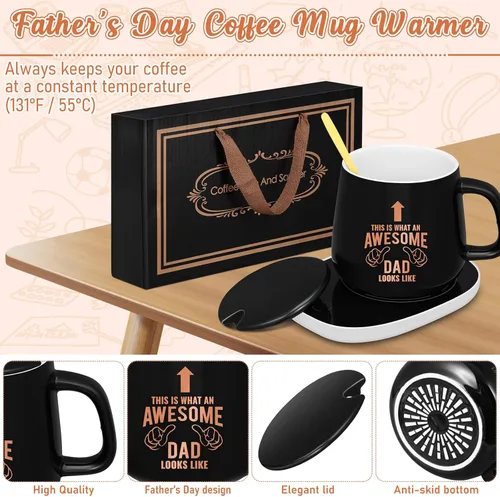 Miniatura 3 de Hushee Regalos de fiesta de Navidad para papá, calentador de tazas de café con juego de tazas, calentador de tazas para escritorio, calentador