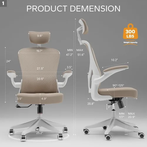 Miniatura 2 de Silla de Oficina Ergonómica con Soporte Lumbar Ajustable y Reposabrazos Abatibles - Silla de Escritorio de Computadora de Respaldo Alto con Cojín