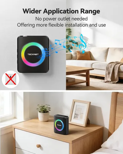 Miniatura 2 de TECKNET Timbre inalámbrico, timbre de puerta de 0 a 120 dB, rango de batería de 1300 pies, timbres de aula IP66 impermeables, 60 campanadas y 5