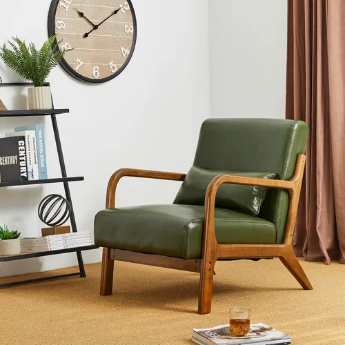 Miniatura 9 de Glitzhome Sillón Accent de mediados de siglo en verde cazador, sillón de lectura individual de cuero PU con marco de nogal y ruberwood Pu verde.