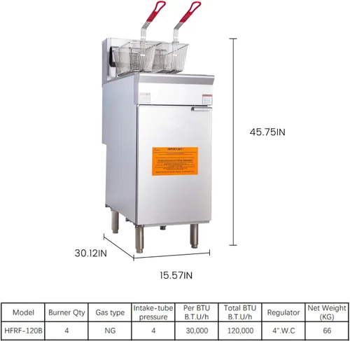 Miniatura 8 de Freidora de gas natural comercial de alta resistencia, freidora de gas de acero inoxidable de 4 quemadores de 120,000 BTU, capacidad de 50 libras