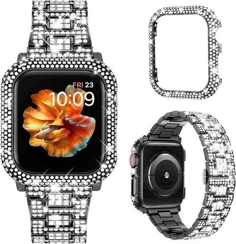 Mosonio Compatible con correas brillantes para Apple Watch de 40/44/41/45/42/1.811 in con caja de metal brillante, bandas de diamantes de lujo