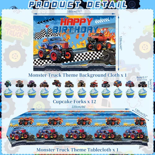 Miniatura 3 de KEFAN Suministros para fiesta de cumpleaños de Monster Truck, juego de decoraciones de fiesta de camión monstruo que incluye telón de fondo, platos