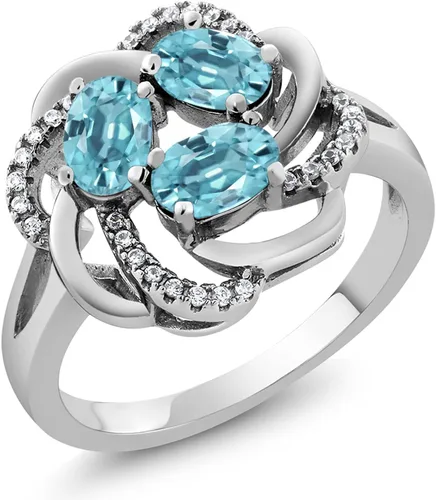 Miniatura 54 de Gem Stone King Flower Blossom Gemstone Birthstone Ring in 925 Sterling Silver 3-Stone Oval 6X4MM with Sparkling Accents Wedding Anniversary