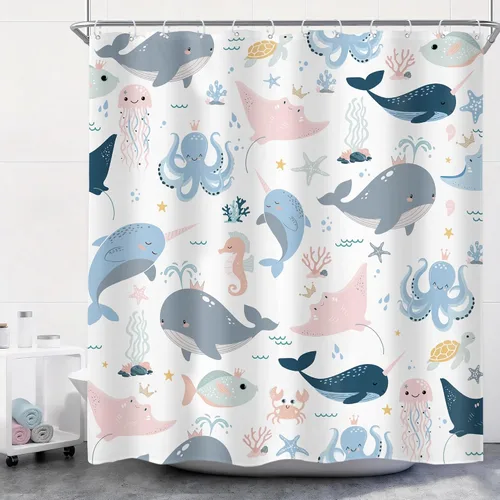 Miniatura 23 de Riyidecor Ocean - Cortina de ducha para niños, 60 pulgadas de ancho x 72 pulgadas de alto, diseño de ballena, dibujos animados, animales, delfín