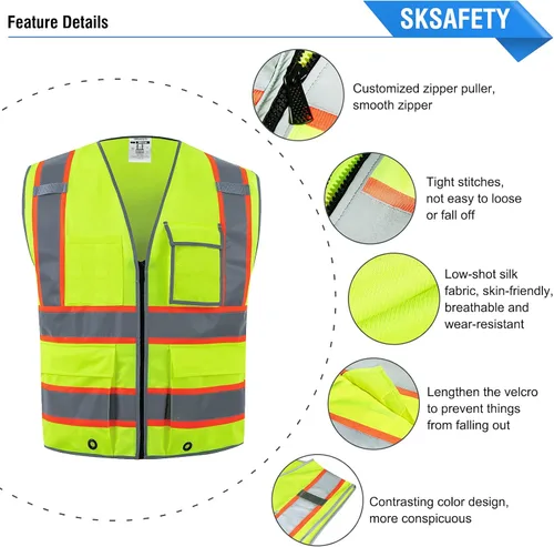Miniatura 5 de SKSAFETY Chaleco de seguridad de 10 bolsillos, clase 2 de alta visibilidad con cremallera, chaleco de alta visibilidad con tiras reflectantes