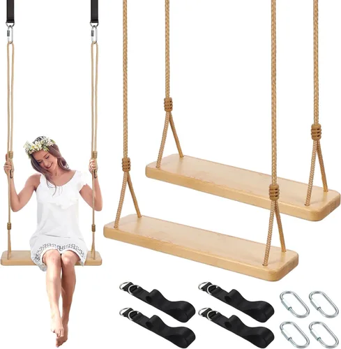 Miniatura 7 de Hollowfly 2 Piezas Asiento de Columpio de Madera Carbonizada Colgante Columpio de Árbol de Madera con Cuerda Ajustable Anticorrosivo Impermeable