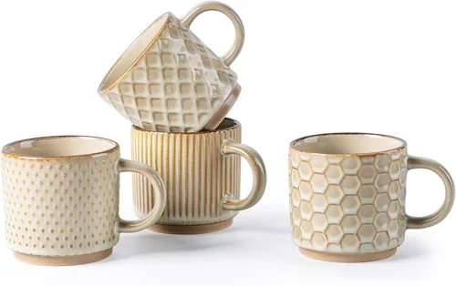 GBhome Tazas de café apilables de 6 onzas, tazas de café de cerámica con patrones de textura para hombre, mujer, papá, mamá, juego de 4 tazas de
