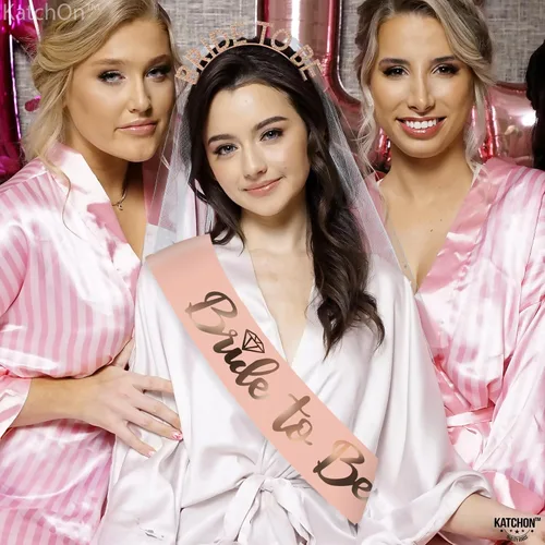 Miniatura 7 de KatchOn, Banda y diadema de oro rosa para la novia, paquete de 2, banda y tiara de novia para decoraciones de despedida de soltera, banda y corona