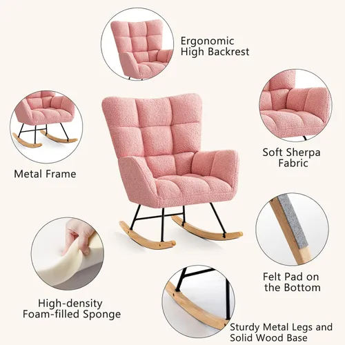 Miniatura 5 de Furniliving - Mecedora tapizada para cuarto de bebé, silla balancín moderna con asiento acolchado, silla de lectura con respaldo alto y cómoda