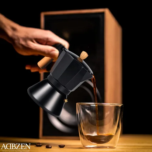 Miniatura 2 de Moka Pot - Cafetera para estufa, estilo italiano, cafetera clásica con mango de madera natural (3 tazas)