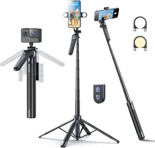 Miniatura 8 de Trípode Selfie Stick, trípode de 71 pulgadas para iPhone, rotación de 360° con control remoto inalámbrico, soporte portátil de aluminio