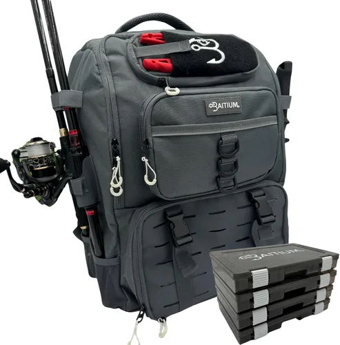 Baitium - Mochila de pesca de 40L, bolsa de aparejos con enfriador, soportes para cañas, perfecta para equipo de pesca Gris