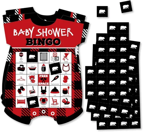 Big Dot of Happiness Lumberjack - Channel The Flannel - Tarjetas y marcadores de bingo con imágenes - Juego de bingo con forma de baby shower a