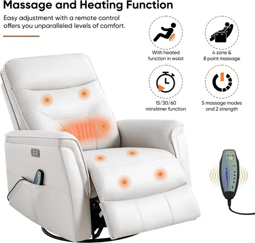 Miniatura 4 de Silla reclinable para adultos, mecedora eléctrica de piel sintética para masaje y calor, silla reclinable giratoria de gran tamaño con puertos USB