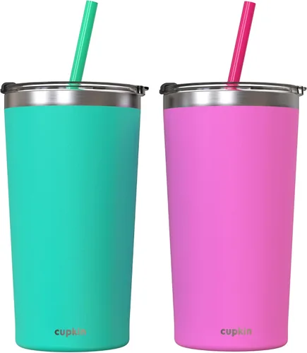 Miniatura 11 de CUPKIN - Taza apilable de acero inoxidable para niños, taza de batido, tazas aisladas con recubrimiento en polvo, tapa libre de BPA y pajilla de Rosa