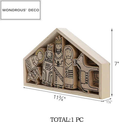 Miniatura 6 de WONDROUS' DECO Juego de Belén de madera, 12 piezas de escena de mesa de Navidad, 7 pulgadas de alto, pequeño adorno de pesebre para decoración