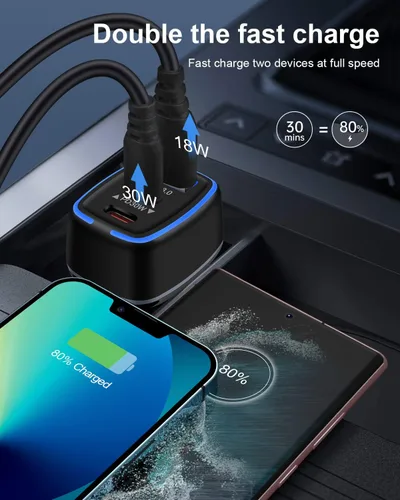 Miniatura 4 de Cargador de coche USB C de 78 W, adaptador de encendedor de cigarrillos de carga súper rápida, cargador automático de 3 puertos para Samsung Galaxy