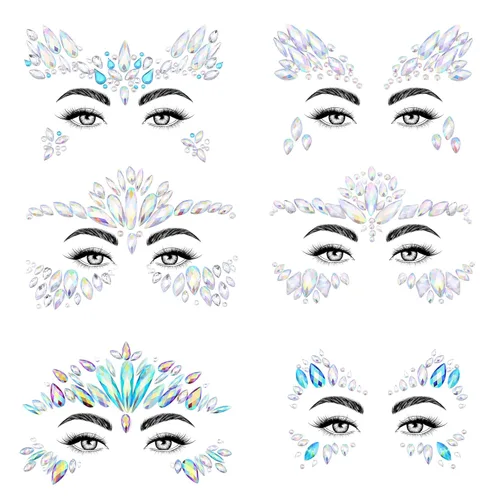 SAOROPEB Gemas faciales – 6 juegos de joyas de cara de sirena, calcomanías temporales de tatuaje, calcomanías de acrílico con purpurina de cristal
