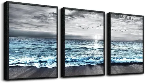 Arte en lienzo enmarcado en negro para decoración de sala de estar y dormitorio - Pintura de pared de playa en blanco y negro - Imágenes de olas del