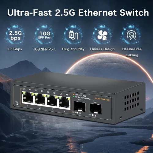 Miniatura 3 de Interruptor Ethernet no administrado de 2.5G con 4 puertos Base-T de 2.5G y 2 puertos de enlace ascendente SFP+ de 10G, compatible