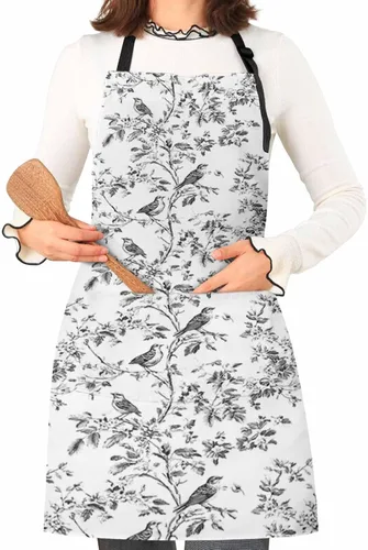 Miniatura 6 de Delantales de pájaros de flores para mujeres y hombres con bolsillos, diseño retro de ramas de árbol blanco y negro, floral, ajustable, impermeable